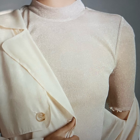 Anthropologie Lurex Mesh Short-Sleeve Mock-Neck Top- L - Picture 5 of 8